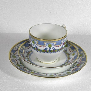 vintage Collingwood Bone China Trio avec motif bleu et rose et garniture d’or somptueux
