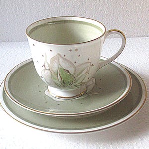 Puede incluir: Un juego de té vintage que incluye una taza, un platillo y un plato pequeño. El juego es blanco con detalles verdes y dorados. La taza presenta un diseño floral y lunares dorados.