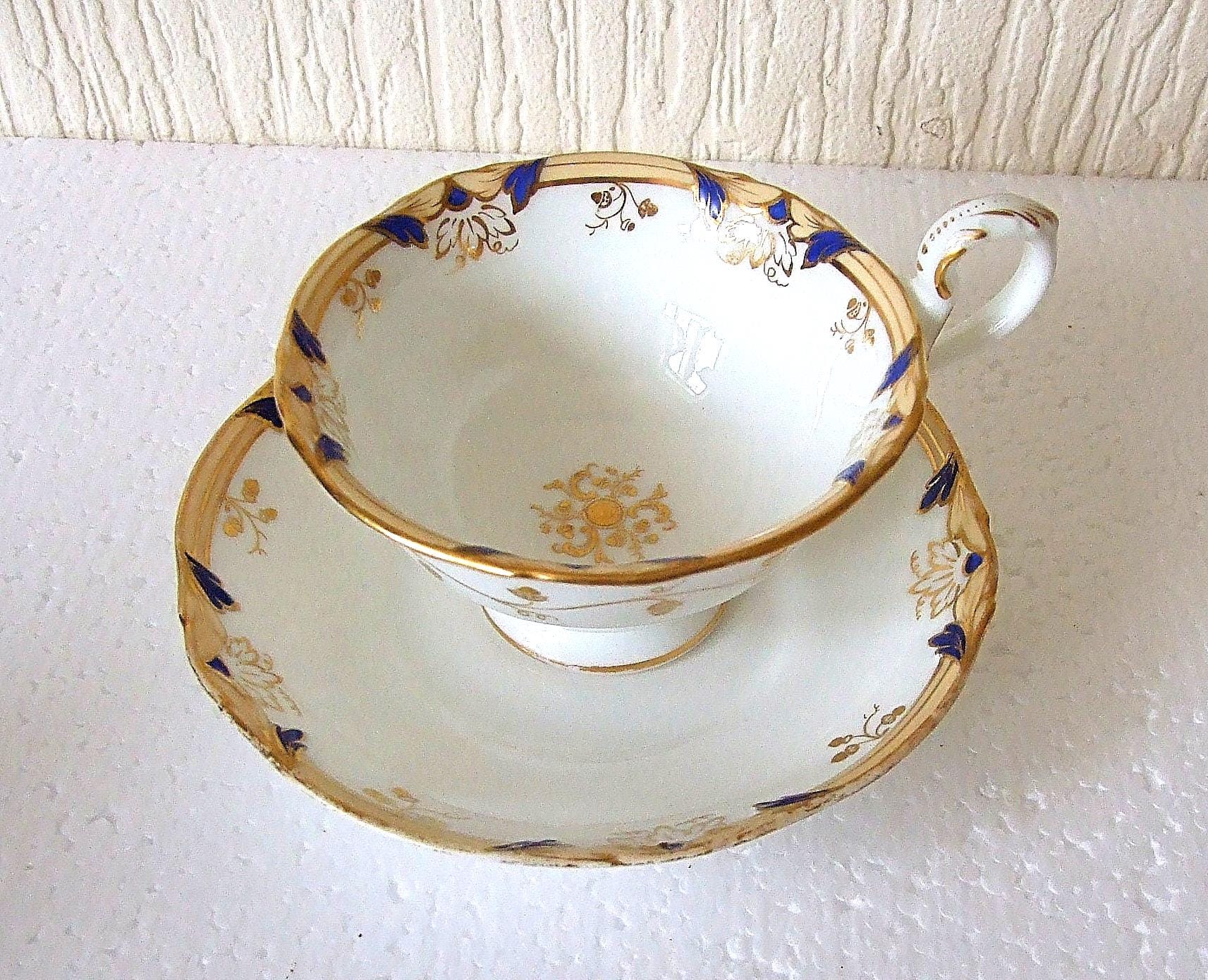 Victorian Antique Rockingham Style Hand Painted Porcelain Footed Cup and Saucer unmarked