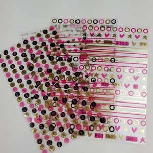 Etiquetas engomadas de lámina de oro transparente / Rosa caliente, Negro / Iconos / Script, Erin Condren / Planificador feliz, / Recuerdos Planne / Midori / Fauxdori / Aura Estelle