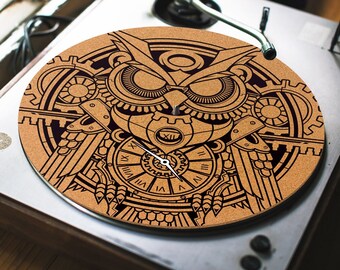 Steampunk Owl Turntable Slipmat - Cork turntable mat - DJ Slip mats