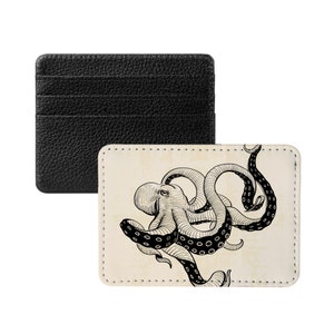 Monedero del titular de la tarjeta de crédito del bosquejo del pulpo - titular de la tarjeta de visita de cuero vegano, cartera, titular de la tarjeta, estuche duro, cartera delgada, regalo de los niños