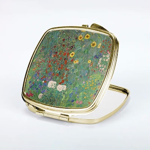 Kompaktspegel för bondgårdsträdgård Gustav Klimt fickspegel bröllopsminne guld- och silvermake vintage kompakt blomsterkonst vintagespegel