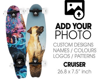 May include: Two custom designed cruiser skateboards. One skateboard features a colorful abstract design, while the other features a dog. The skateboards are 26.8 inches long and 7.5 inches wide.