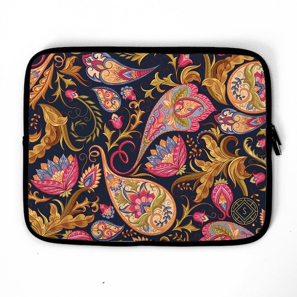 Royal Paisley Vintage Pattern Monogram Personalised Laptop Sleeve, floral tropical navy case, laptop bag, Fits ALL Laptops