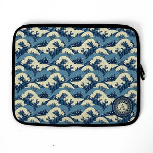 Japanese Wave Monogram Personalized Laptop Sleeve, navy case, laptop bag