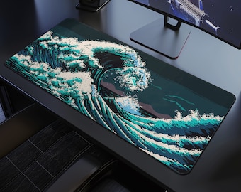 Pixel Great Wave Japanese Large XXL desk mat / custom desk mat desk pad / desk accessories / desk pad / cute desk mat / anime desk mat