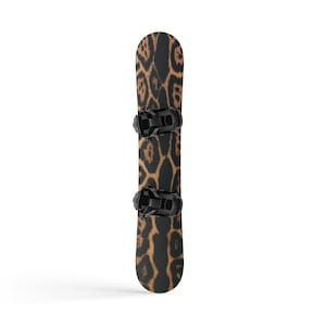 May include: A snowboard with a leopard print design. The board features a black and brown pattern and black bindings. The snowboard is designed for winter sports and outdoor activities.