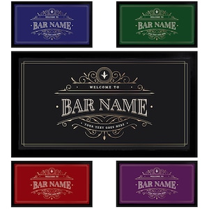 May include: Five different colour variations of a vintage-style bar sign with gold lettering that reads "Welcome to Bar Name. Your text goes here".