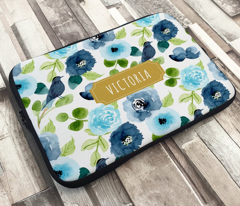 Personalized Floral Blue Birds Laptop Sleeve Personalised Etsy