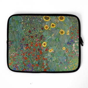 May include: A laptop sleeve featuring a painting of a field of sunflowers and other wildflowers. The sunflowers are yellow and the wildflowers are red, blue, and white. The background is green.