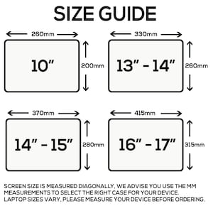May include: Size guide for laptop cases, showing the screen size in inches and the corresponding case dimensions in millimeters. The guide includes sizes for 10", 13"-14", 14"-15", and 16"-17" laptops.