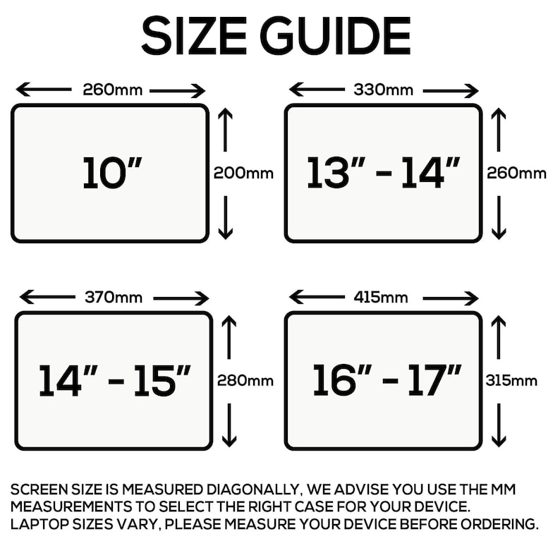 May include: Size guide for laptop cases, showing the screen size in inches and the corresponding case dimensions in millimeters. The guide includes sizes for 10", 13"-14", 14"-15", and 16"-17" laptops.