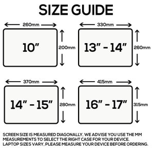 May include: Size guide for laptop cases, showing the screen size in inches and the corresponding case dimensions in millimeters. The guide includes sizes for 10", 13"-14", 14"-15", and 16"-17" laptops.