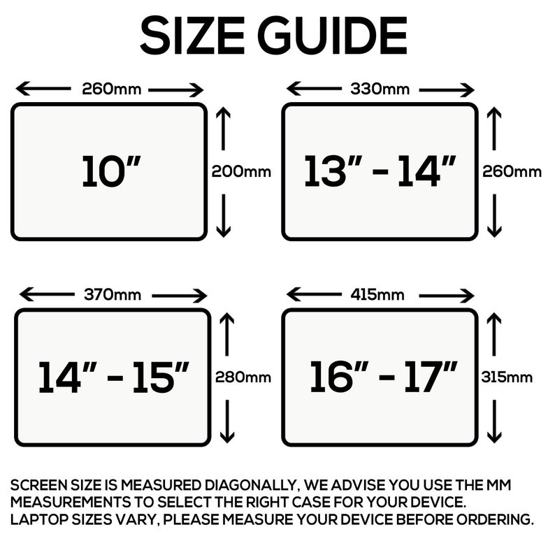 May include: Size guide for laptop cases, showing the screen size in inches and the corresponding case dimensions in millimeters. The guide includes sizes for 10", 13"-14", 14"-15", and 16"-17" laptops.
