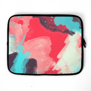 May include: Abstract laptop sleeve with a colorful watercolor design featuring shades of pink, blue, and gray.