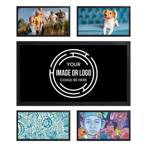 May include: A set of framed art prints. One shows a family in a field, another a dog on a blue sofa, a third with the text "YOUR IMAGE OR LOGO COULD BE HERE", a fourth with a teal floral design, and a fifth with a colourful illustration.