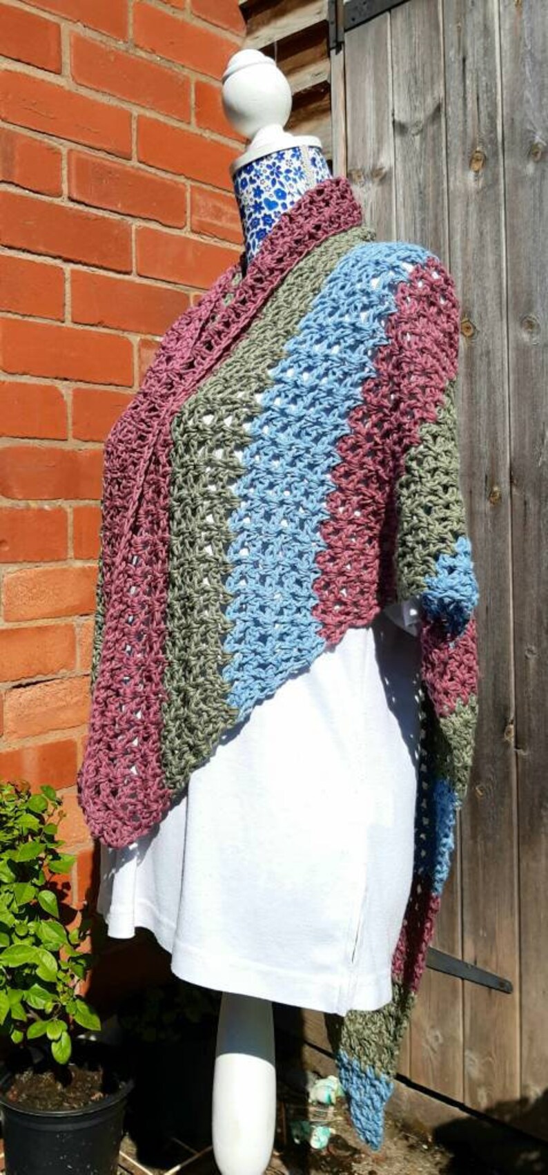 100% Cotton Shawl / Triangle Scarf crochet, stripe, weighty drape. image 4