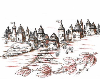 A5 Giclée Print - Fantasy Town - Pen and Ink