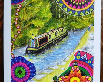 Narrowboat Mandala Card - Canal Art Blank Card