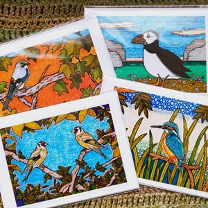 Paquet de cartes British Birds - lot de 4 cartes vierges à l'intérieur. Martin pêcheur, chardonneret jaune, macareux moine, geai