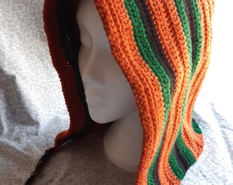 Unisex Crochet Hood - Green, Rust and Black Stripe, 100% Acrylic Adult Size