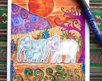 Evening Elephants Card - Blank Card.