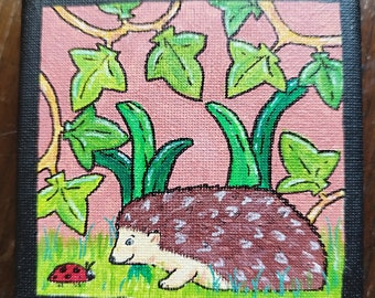 Hedgehog and Ladybird - Small Canvas Painting in Acrylic, original art, 4 X 4 inches.