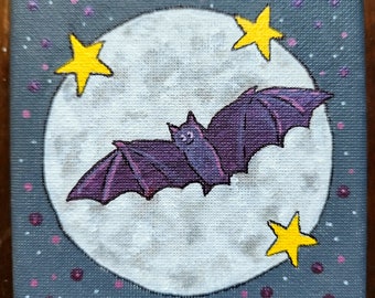Happy Bat - small canvas, original acrylic artwork, cute and fun! 4 X 4 inches.