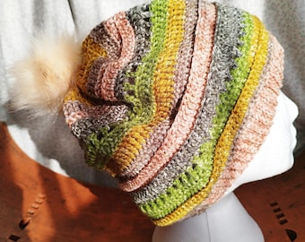 Crochet Slouchy Beanie – Colorful Acrylic Hat with Faux Fur Pom