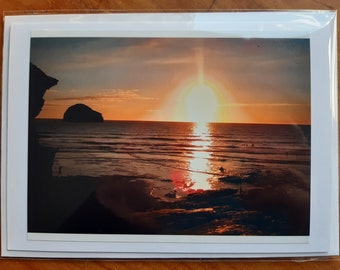 Sunset at Trebarwith Strand - blank greetings card / note card