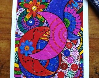 Folk Art Style Moons and Mandalas card - blank inside.