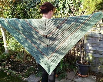 Woodland Shawl - Soft, Green with Mottled Brown Stripes.