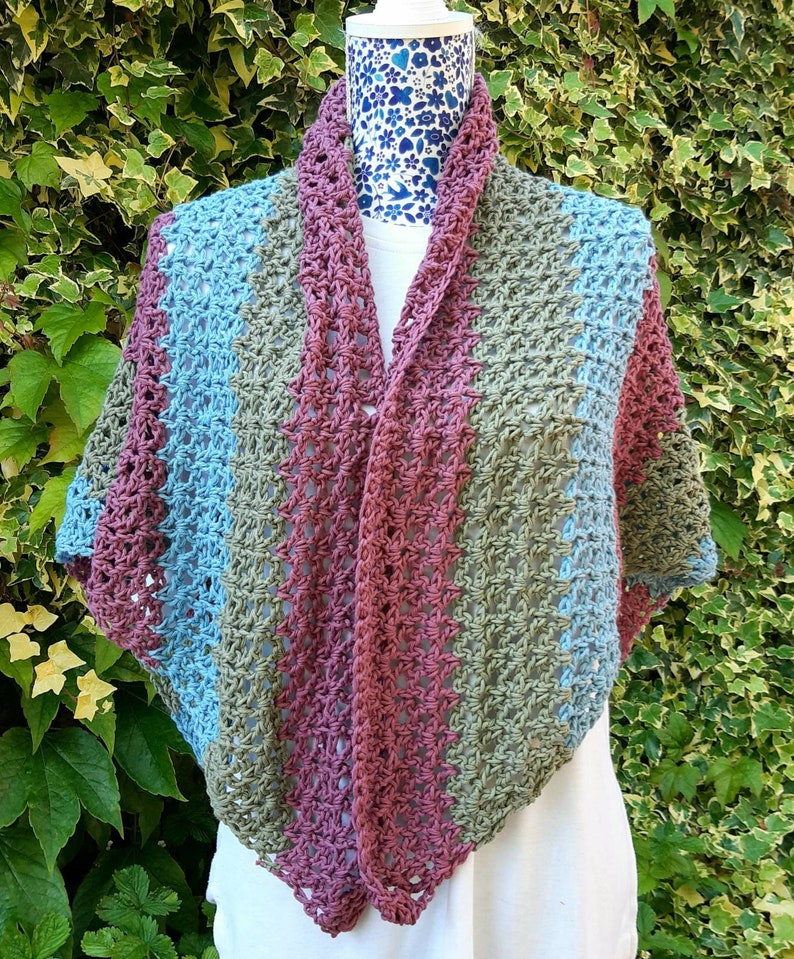 100% Cotton Shawl / Triangle Scarf crochet, stripe, weighty drape. image 2