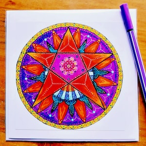 Folk Art Style Pentacle Mandala Blank Card.