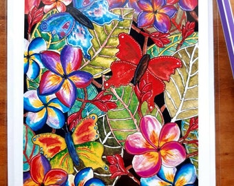 Butterflies and Plumeria - blank greetings card.