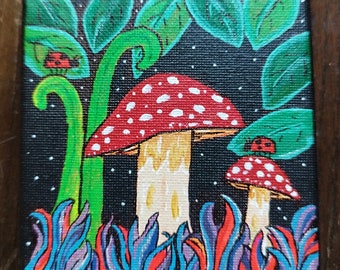 Fantasy Fly Agaric Small Canvas Painting with Easel - 4 X 4 inches, original art.