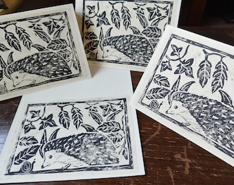 Set of 4 Hedgehog and Snail Lino Print notecards.