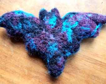 Needlefelt Bat Brooch - Black, Purple & Turquoise Felt.