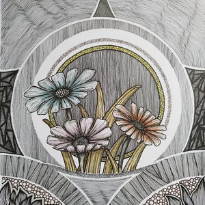 Original Artwork - Fine Lines and Flowers - pen and ink drawing, A4 size, unframed.  Artist G Reece-Holloway