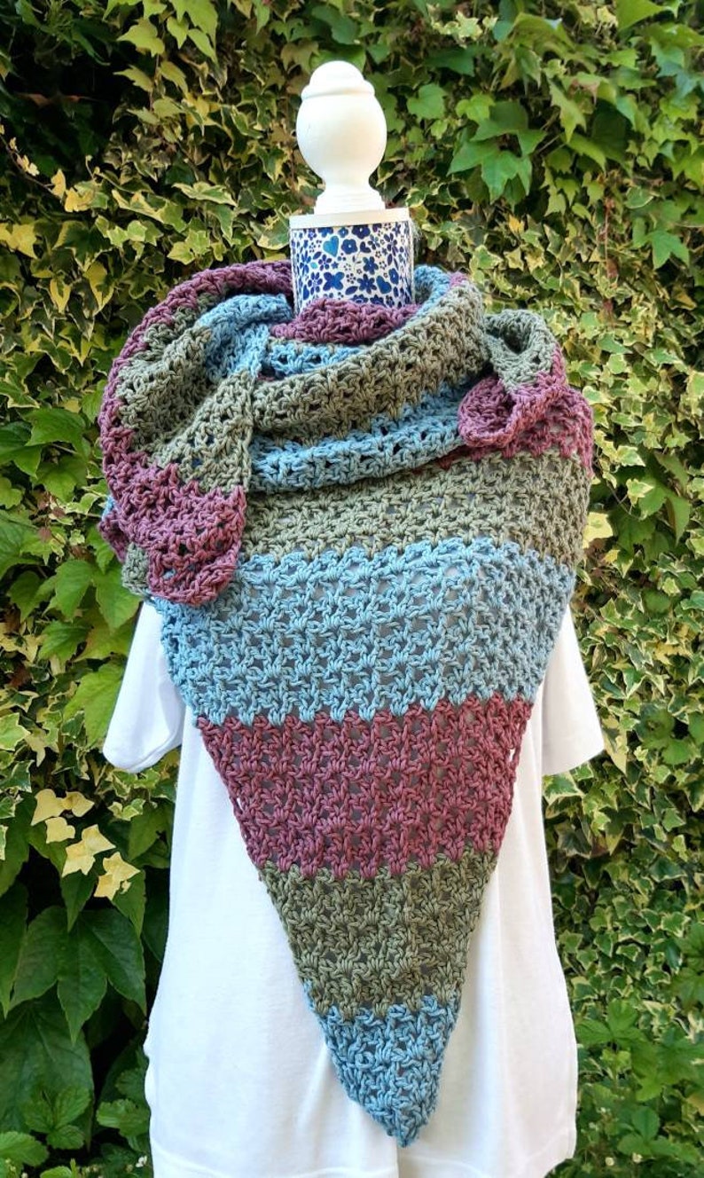 100% Cotton Shawl / Triangle Scarf crochet, stripe, weighty drape. image 3