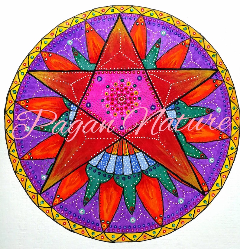 8x8 inches Folk art style pentacle design print without watermark of course! Matt finish photography paper.