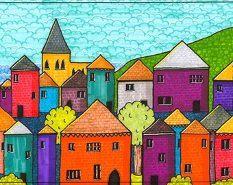 Colourful Town Greetings Card, Blank Inside, Any Occasion