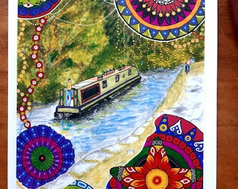 Narrowboat Mandala Card - Canal Art Blank Card