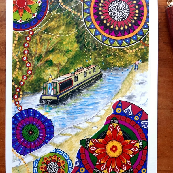 Narrowboat Mandala Card - Canal Art Blank Card