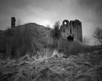 Clun Castle Greetings Card - Black and White Photography.
