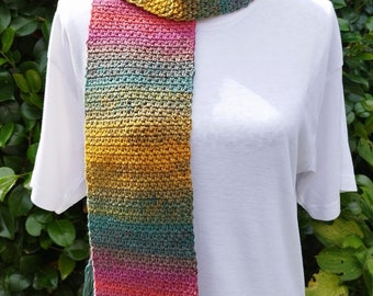 Crochet Scarf Linen Stitch - Yellows, greens, grey, pinks.