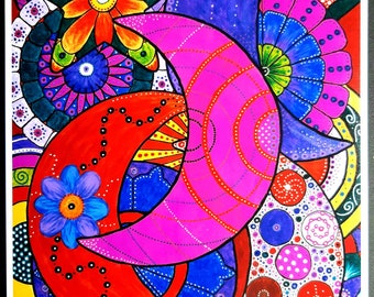 Colourful Folk-Art Style Moons print - 8 x 6 inch size