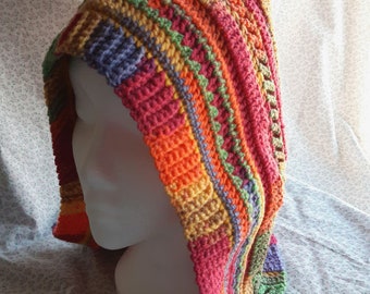Multi-coloured Crochet Hood - Boho Style, Adult Size, Pixie / Fairy / Festival 100% Acrylic