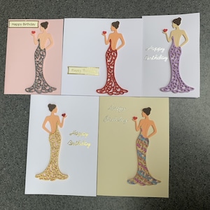 Tarjeta de cumpleaños para damas - Vestido de gala y corazón - ¡Varios diseños y colores disponibles!